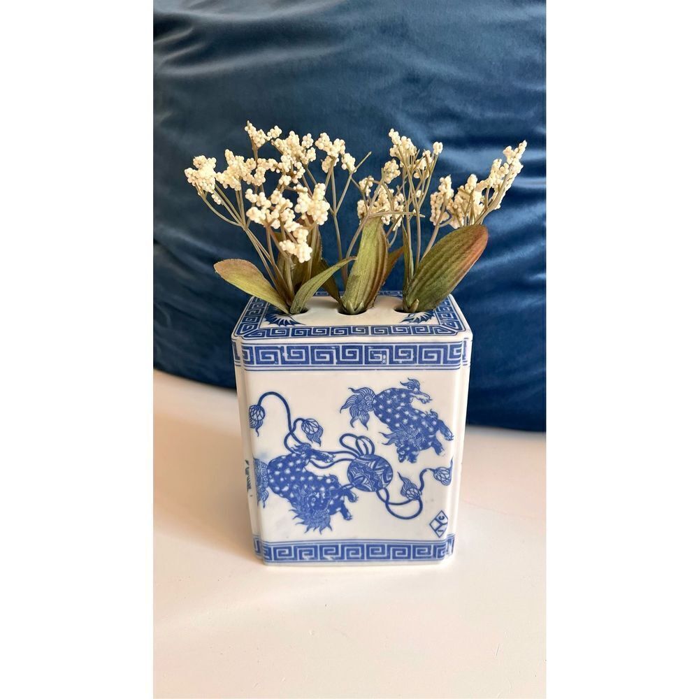 Antique Chinese Porcelain Opium Pillow Blue White Foo Dog Qing Signed